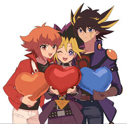  3boys black_hair blue_eyes brown_eyes brown_hair cheek-to-cheek denim duel_academy_uniform_(yu-gi-oh!_gx) fudo_yusei hair_between_eyes heads_together heart jeans jiayu_long male_focus millennium_puzzle multicolored_hair multiple_boys muto_yugi pants short_hair sidelocks smile spiked_hair two-tone_hair yu-gi-oh! yu-gi-oh!_5d&#039;s yu-gi-oh!_duel_monsters yu-gi-oh!_gx yuki_judai 