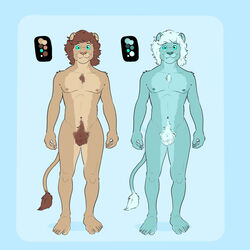  1:1 air_creature anthro beepingbeepster blue_eyes elemental_creature fangs felid hair hi_res lion male mammal mane model_sheet multiple_versions nude pantherine pubes short_hair short_mane solo teeth whiskers 