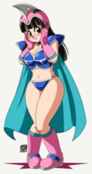  0tacat absurdres aged_up aqua_cape armor bikini_armor black_eyes black_hair blue_choker blush boots breasts cape chi-chi_(dragon_ball) choker cleavage commentary commission dragon_ball dragon_ball_(classic) elbow_gloves english_commentary female full_body gloves helmet highres hime_cut knee_boots large_breasts long_hair navel open_mouth pink_footwear pink_gloves pink_headwear shoulder_armor signature smile solo 