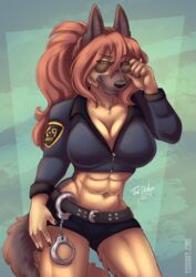  2023 5_fingers abs anthro athletic athletic_anthro athletic_female belt big_breasts black_nose bottomwear breasts brown_body brown_fur brown_hair canid canine canis claws cleavage clothed clothing cuff_(restraint) domestic_dog eyewear female finger_claws fingers fur german_shepherd hair handcuffs herding_dog hi_res hotpants mammal metal_cuffs navel pastoral_dog police police_uniform restraints shorts signature smile solo sunglasses toxi_de_vyne_(artist) uniform 