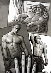  1boy abs arm_behind_head bad_id bad_tumblr_id bara clothes_around_waist clothes_pull collage commentary cris_art english_commentary feet_out_of_frame greyscale hulkling large_pectorals male_focus male_pubic_hair marvel monochrome muscular muscular_male navel nipples on_chair pants pants_pull pectorals photo_(object) photo_shoot pubic_hair pubic_hair_peek pulling_own_clothes seductive_smile shirt shirt_around_waist short_hair sideburns sitting smile thick_eyebrows topless_male 