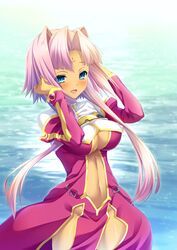  absurdres arms_up blue_eyes blush breasts center_opening china_dress chinese_clothes cleavage dark-skinned_female dark_skin dress facial_mark female forehead forehead_mark hair_intakes highres koihime_musou long_hair maijin_(ayisaka) navel no_panties open_mouth pink_hair red_dress smile solo sonken thighs water wind 