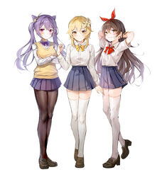  3girls absurdres alternate_costume amber_(genshin_impact) arms_behind_head bad_id bad_pixiv_id blonde_hair blue_skirt blush bow bowtie braid breasts brown_eyes brown_footwear brown_hair brown_legwear closed_mouth collared_shirt cone_hair_bun crossed_arms dress_shirt fine_fabric_emphasis flower full_body genshin_impact hair_between_eyes hair_bun hair_flower hair_ornament hair_ribbon hand_up harusame_(user_wawj5773) highres keqing_(genshin_impact) loafers long_hair long_sleeves looking_at_viewer lumine_(genshin_impact) medium_breasts miniskirt multiple_girls pantyhose pink_eyes pleated_skirt purple_hair purple_skirt red_bow red_bowtie ribbon school_uniform shirt shirt_tucked_in shoes short_sleeves simple_background skirt smile standing striped sweater sweater_vest thighhighs thighs twintails white_background white_flower white_shirt white_thighhighs yellow_bow yellow_eyes yellow_sweater zettai_ryouiki 