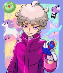  1boy ahoge bede_(pokemon) blonde_hair coat curly_hair dynamax_band eyelashes galarian_ponyta gloves gothita great_ball hand_up hatenna highres holding holding_poke_ball kokesa_kerokero male_focus parted_lips partially_fingerless_gloves poke_ball pokemon pokemon_swsh popped_collar purple_coat purple_eyes short_hair smile solosis star_(symbol) upper_body 