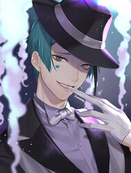  1boy air_bubble artist_name biting blue_hair bow bowtie bubble collared_shirt dress_shirt eyeliner fedora formal glove_biting gloves hat highres inanome_me jade_leech makeup making-of_available male_focus sharp_teeth shirt signature solo teeth tuxedo twisted_wonderland white_bow white_bowtie white_gloves yellow_eyes 