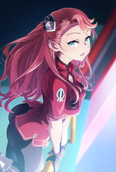  aida_rayhunton ass black_gloves black_pants blue_eyes blurry blurry_background breasts cleavage cleavage_cutout clothing_cutout dutch_angle female floating_hair from_above gloves gundam gundam_g_no_reconguista hair_ornament jacket long_hair looking_at_viewer medium_breasts open_mouth pants red_hair red_jacket short_sleeves solo standing standing_on_one_leg uganda_(ugandam_00) very_long_hair white_footwear 