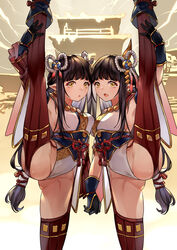  2girls armpits ass black_gloves black_hair breasts eyeliner fewer_digits gloves hair_ornament highres hinoa leotard long_hair looking_at_viewer makeup minoto mizukiyan monster_hunter_(series) monster_hunter_rise multiple_girls open_mouth pointy_ears red_legwear siblings sisters split standing standing_on_one_leg standing_split thighhighs twins yellow_eyes 