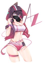  absurdres adapted_costume ass_visible_through_thighs azki_(3rd_costume)_(hololive) azki_(hololive) belt belt_buckle black_panties bracelet breasts brown_hair buckle cleavage female headphones highleg highleg_panties highres hololive hood jewelry jiejeat large_breasts looking_at_viewer mask mouth_mask navel navel_piercing open_clothes panties piercing purple_eyes short_shorts shorts skindentation sleeveless solo standing stomach string_panties tank_top thigh_strap underwear virtual_youtuber 