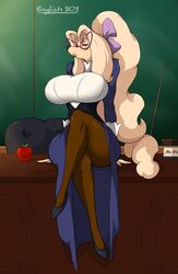  anthro apple bent_legs big_breasts blonde_hair breasts canid canine canis chalkboard clothed clothing crossed_legs domestic_dog eyewear female food fruit glasses hair huge_breasts information_board jludragoon leg_over_thigh mammal mature_female melisandre_higginbottom plant poodle teacher 