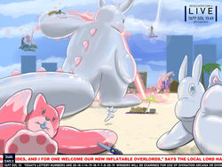  4:3 ambiguous_gender animate_inanimate anthro beach beach_umbrella bear building canid canine clothing detailed_background electricity electronics english_text female floating fox group hat headgear headwear human inflatable inflatable_transformation kobold laser lightning living_inflatable lottery magic_user male mammal mephitid mewscaper microphone news news_report outside parasol seaside skunk text wizard_hat 