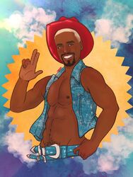  abs actor african african_male barbie_(2023) barbie_(franchise) biceps caucasian_male celebrity cowboy cowboy_hat dark-skinned_male in_character ken_carson looking_at_viewer male male_only melanin muscles muscular muscular_male ncuti_gatwa open_shirt pecs posing roasif smiling_at_viewer smooth_chest smooth_skin 