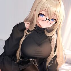  1girls big_breast big_breasts black black_shirt black_skirt black_stocking black_stockings blonde_female blonde_hair blonde_hair_female blush blushing_at_viewer cute cute_expression female girl glasses long_hair long_hair_female looking_at_viewer oversized_clothes oversized_shirt skirt stockings teen teenage_girl teenager 