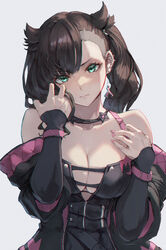  bare_shoulders black_choker black_hair black_jacket breasts choker cleavage closed_mouth ear_piercing earrings female green_eyes jacket jewelry jojobirdz looking_at_viewer marnie_(pokemon) medium_breasts nail_polish nintendo off_shoulder painted_fingernails piercing pink_nails pokemon pokemon_ss shy simple_background solo twintails undercut upper_body v-shaped_eyebrows 