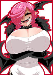  =_= arms_under_breasts bat_wings black_fur black_gloves black_neckwear black_wings braid braided_ponytail breasts cleavage closed_eyes curvy dahila_(heal_&amp;_squeeze) dress elbow_gloves fangs female fur_trim gloves hair_over_one_eye head_wings heal_&amp;_squeeze houshi huge_breasts long_hair looking_at_viewer neckwear_request open_mouth pink_hair pointy_ears shaded_face sharp_teeth smile teeth vampire vietnamese_clothes vietnamese_dress white_background wings 