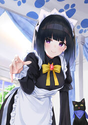  absurdres animal apron backlighting bed black_cat black_dress black_hair blush bow breasts canopy_bed closed_mouth collared_dress commentary_request curtains dress feline female frilled_apron frills hashiko_nowoto highres indoors layered_sleeves long_hair long_sleeves looking_at_viewer maid original puffy_short_sleeves puffy_sleeves purple_eyes short_over_long_sleeves short_sleeves small_breasts smile solo waist_apron white_apron window yellow_bow 