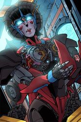  1boy alex_milne autobot blue_eyes bumblebee_(transformers) english_commentary female from_below glowing glowing_eyes imminent_penetration indoors looking_down mecha no_humans pov robot science_fiction spacecraft straight teeth the_transformers_(idw) thumbs_up topless transformers upper_teeth_only windblade 