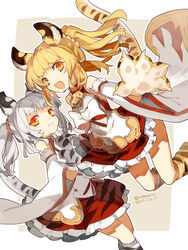  2girls animal_ears animal_hands bai_(granblue_fantasy) bare_shoulders bell blonde_hair bow bowtie closed_mouth cyenmi3 dated detached_sleeves dress erune gloves granblue_fantasy grey_hair highres huang_(granblue_fantasy) looking_at_viewer medium_hair multiple_girls neck_bell neck_hair open_mouth orange_eyes paw_gloves paw_shoes signature sleeveless sleeveless_dress smile tail tiger_ears tiger_girl tiger_tail twintails twitter_username 