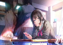  2girls :d alternate_hairstyle black_hair black_shirt black_skirt blue_eyes blurry blurry_background brown_shirt cellphone chair closed_mouth commentary_request curtains depth_of_field desk eyebrows_hidden_by_hair faceless faceless_female hair_between_eyes hair_down hanekoto holding holding_phone imouto_(hanekoto) indoors long_hair long_sleeves multiple_girls neckerchief open_mouth original phone pleated_skirt red_neckerchief sailor_collar school_chair school_desk school_uniform serafuku shirt skirt smile transparent twitter_username white_sailor_collar 