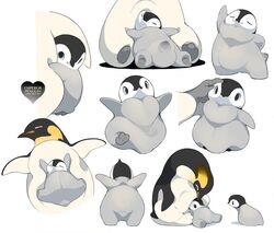  animal animal_focus baby_penguin beak bird closed_eyes emperor_penguin gloves grey_gloves hand_on_another&#039;s_head head_tilt headpat hiyoratory looking_at_another looking_at_viewer lying_on_another no_humans original penguin sleeping smile white_background 