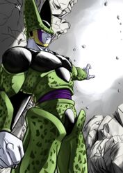  1boy bad_id bad_pixiv_id black_nails cell_(dragon_ball) clenched_hand closed_mouth commentary dragon_ball dragon_ball_z from_below highres light_frown looking_at_viewer looking_down male_focus outstretched_arm perfect_cell pink_eyes rock solo standing studio_viga wings 