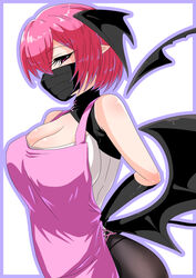  apron bat_wings black_gloves black_legwear black_mask black_wings breasts cleavage dress elbow_gloves female from_side gloves head_wings heal_&amp;_squeeze houshi kikyou_(heal_&amp;_squeeze) large_breasts mask mouth_mask pantyhose pink_apron pink_eyes pink_hair pointy_ears short_hair tying_apron vampire vietnamese_clothes vietnamese_dress wings 