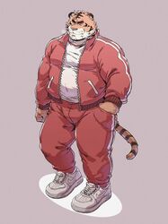  2020 anthro bearwivme belly biped bottomwear bulge clothing felid hi_res humanoid_hands male mammal musclegut muscular pantherine pants simple_background slightly_chubby solo tiger track_pants tracksuit 