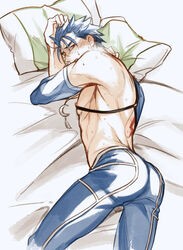  1boy ass back_tattoo bed_sheet blue_hair blue_pants cowboy_shot crescent crescent_necklace cu_chulainn_(fate) cu_chulainn_(fate/stay_night) cu_chulainn_(second_ascension)_(fate) fate/grand_order fate/stay_night fate_(series) hair_strand jewelry looking_at_viewer makina_(nikki_m7_) male_focus messy_hair necklace official_alternate_costume pants pillow red_eyes skin_tight solo sweat tattoo 