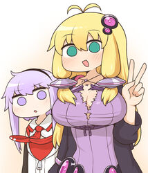  2girls antenna_hair bad_id bad_twitter_id blonde_hair breasts bursting_breasts cleavage commentary cosplay costume_switch dress green_eyes hair_ornament hand_up highres huge_breasts inactive_account jacket long_hair long_sleeves looking_at_viewer multiple_girls necktie no_pupils open_clothes open_jacket parted_lips purple_dress purple_hair rantana_(lalalalackluster) red_necktie sidelocks smile torn_clothes tsurumaki_maki tsurumaki_maki_(cosplay) v vocaloid voiceroid white_background wide-eyed yuzuki_yukari yuzuki_yukari_(cosplay) 