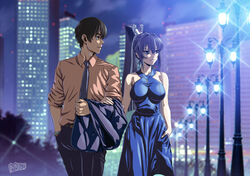  1boy blue_dress blue_eyes blue_hair blue_necktie breasts brown_hair brown_shirt collared_shirt dress female hair_behind_ear halter_dress halterneck hand_on_own_hip highres holding_another&#039;s_arm jewelry lamppost large_breasts long_hair looking_to_the_side mitsurugi_meiya muv-luv necklace necktie ponytail popgun_(22882502) shirogane_takeru shirt smile very_long_hair 