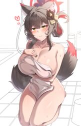  absurdres animal_ear_fluff animal_ears bath bathroom black_hair blue_archive breasts cleavage colored_inner_hair female flower fox_ears fox_girl fox_tail halo hat hat_flower hat_ribbon highres kisa_(leg3043) large_breasts looking_at_viewer multicolored_hair red_hair ribbon solo tail two-tone_hair wakamo_(blue_archive) yellow_eyes 