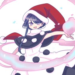  black_hair blue_eyes blue_hair capelet cloud de17a doremy_sweet dress female hat holding medium_hair night_clothes open_mouth pom_pom_(clothes) short_hair smile solo sparkle striped_clothes striped_dress touhou white_background 