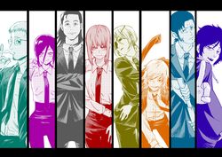  4boys 4girls absurdres arm_up barem_(chainsaw_man) black_hair black_necktie black_pants black_suit braid braided_ponytail breasts business_suit chainsaw_man cigarette collared_shirt crossbow_devil_(chainsaw_man) crossed_arms eyepatch formal glasses grenade_pin hair_between_eyes highres holding holding_knife holding_weapon hood hoodie jacket katana_man_(chainsaw_man) knife light_smile long_hair long_sleeves looking_at_viewer makima_(chainsaw_man) medium_breasts medium_hair multiple_boys multiple_girls multiple_monochrome necktie office_lady pants ponytail quanxi_(chainsaw_man) reze_(chainsaw_man) ringed_eyes segawa_ryuu shirt shirt_tucked_in short_hair sideburns smile smoke smoking spear_devil_(chainsaw_man) sugo_miri suit tied_hair unworn_jacket weapon whip_devil_(chainsaw_man) 