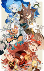  2boys 3girls ahoge animal_ears blonde_hair blue_eyes blue_hair book breasts brown_hair cleavage closed_eyes cyenmi3 dark-skinned_female dark_skin detached_sleeves dress ewiyar_(granblue_fantasy) fediel_(granblue_fantasy) feline galleon_(granblue_fantasy) gloves granblue_fantasy grey_hair hair_between_eyes highres holding holding_book holding_umbrella horns large_breasts long_hair lu_woh_(granblue_fantasy) multiple_boys multiple_girls not_present one_eye_closed open_mouth parasol pointy_ears purple_eyes red_hair short_hair sidelocks sleeveless sleeveless_dress smile symbol-shaped_pupils tucking_hair twitter_username umbrella v-shaped_eyebrows vambraces wamdus_(granblue_fantasy) white_gloves wilnas_(granblue_fantasy) yellow_eyes 