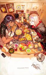  2boys absurdres arjuna_(fate) arjuna_(under_the_same_sky)_(fate) bendy_straw black_eyes black_gloves black_hair black_hoodie black_jacket blue_eyes bowl cheek_bulge chopsticks commentary contemporary cooking cup dark_skin drinking_straw earrings eating egawa_akira fate/grand_order fate_(series) food gloves griddle highres holding holding_spatula hood hoodie indoors jacket jewelry karna_(fate) karna_(under_the_same_sky)_(fate) multicolored_clothes multicolored_jacket multiple_boys noodles okonomiyaki pink_pupils poster_(object) restaurant romaji_text sauce spatula spoon sweatdrop swept_bangs two-tone_jacket upper_body watch white_hair white_jacket wristwatch 