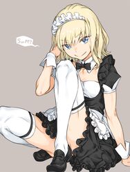  adjusting_hair apron black_bow black_bowtie black_dress black_footwear blonde_hair blue_eyes bow bowtie breasts detached_collar dress female frilled_dress frills haimura_kiyotaka highres leivinia_birdway loafers looking_at_viewer maid maid_headdress medium_hair official_alternate_costume shoes short_sleeves simple_background sitting small_breasts smile solo speech_bubble thighhighs thighs toaru_majutsu_no_index toaru_majutsu_no_index:_imaginary_fest toaru_majutsu_no_index:_new_testament waist_apron wrist_cuffs 