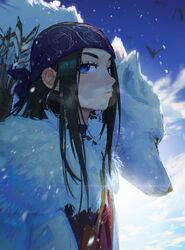  absurdres asirpa bandana blue_sky day earrings edpan female from_side golden_kamuy green_eyes highres hoop_earrings jewelry looking_at_viewer outdoors parted_lips retar sky solo_focus wolf 