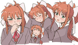  1other blazer blush brown_hair brown_jacket commentary coughing covering_own_mouth doki_doki_literature_club female fever green_eyes half-closed_eyes hand_in_mouth hand_over_own_mouth jacket long_hair looking_at_viewer looking_back monika_(doki_doki_literature_club) open_mouth ponytail resting ribbon school_uniform sick sleepy smile sweat symbol-only_commentary tsubobot white_ribbon 