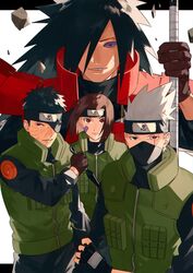  3boys alternate_universe armor black_eyes black_gloves black_hair black_headband black_pants black_shirt brown_eyes brown_gloves brown_hair closed_mouth debris facial_mark female fingerless_gloves forehead_protector frown gloves green_vest hatake_kakashi headband highres japanese_armor letterboxed long_hair long_sleeves looking_at_another looking_at_viewer mask mirin_(coene65) mouth_mask multiple_boys naruto_(series) naruto_shippuuden nohara_rin one_eye_covered open_mouth pants red_armor red_eyes rinnegan scar scar_across_eye scar_on_face sharingan shirt short_hair smile spiked_hair standing uchiha_madara uchiha_obito upper_body vest white_background white_hair 