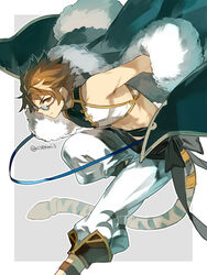  1boy bare_shoulders black_coat boots brown_eyes brown_footwear brown_hair closed_mouth coat crop_top cyenmi3 fur-trimmed_coat fur_trim glasses gran_(granblue_fantasy) granblue_fantasy highres looking_at_viewer male_focus official_alternate_costume pants semi-rimless_eyewear shirt short_hair silverroar&#039;s_swiftclaw_(granblue_fantasy) sleeveless sleeveless_shirt smile tail tiger_tail twitter_username v-shaped_eyebrows white_pants 