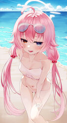  absurdres ahoge ass_visible_through_thighs bare_arms bare_shoulders beach bikini blue_archive blue_eyes blue_sky blush breasts collarbone day eyewear_on_head female frilled_bikini frills hair_between_eyes hair_bobbles hair_ornament halo heterochromia highres horizon hoshino_(blue_archive) hoshino_(swimsuit)_(blue_archive) ju-ok long_hair looking_at_viewer low_twintails lowleg lowleg_bikini navel ocean oerba_yun_fang official_alternate_costume orange_eyes outdoors pink_hair sky small_breasts solo standing stomach summer sunglasses sweat swimsuit thigh_gap twintails very_long_hair white_bikini 