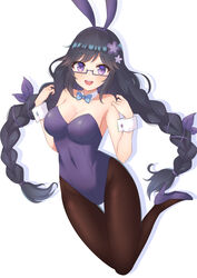  animal_ears black-framed_eyewear black_hair black_pantyhose bow bowtie braid breasts cleavage commentary_request commission detached_collar erine_rurie fake_animal_ears female flower furutori glasses hair_flower hair_ornament high_heels highres indie_virtual_youtuber leotard long_hair looking_at_viewer low_twintails medium_breasts open_mouth pantyhose pixiv_commission playboy_bunny purple_bow purple_bowtie purple_eyes purple_footwear purple_leotard rabbit_ears rabbit_tail round_teeth semi-rimless_eyewear simple_background solo strapless strapless_leotard tail teeth twin_braids twintails under-rim_eyewear upper_teeth_only virtual_youtuber white_background wrist_cuffs 