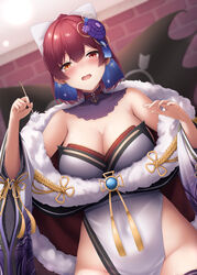  absurdres bare_shoulders blush bow breasts cleavage detached_collar female hairbow heterochromia high_ponytail highres hololive houshou_marine houshou_marine_(new_year) japanese_clothes kimono large_breasts long_hair looking_at_viewer oerba_yun_fang open_mouth red_eyes red_hair ribbon skin_fang smile solo tousaki_(tousakiworks) virtual_youtuber white_bow white_kimono yellow_eyes 