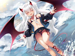  :d bikini black_skirt blush commentary_request demon_girl demon_horns demon_tail demon_wings dutch_angle female flat_chest grim_aloe half-closed_eyes horns jacket large_wings long_hair long_sleeves looking_at_viewer low_wings micro_bikini microskirt navel one_eye_closed open_clothes open_jacket outdoors pleated_skirt pubic_tattoo quiz_magic_academy quiz_magic_academy_the_world_evolve red_bikini red_eyes red_horns red_tail red_wings side-tie_bikini_bottom signature skirt smile solo swimsuit tail tattoo usuki_(graygreed) water white_hair wings 