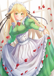  absurdres alternate_costume apron aurora_(azur_lane) azur_lane blonde_hair bouhuuu breasts brown_ribbon commission dress enmaided female green_dress green_eyes highres long_hair looking_at_viewer maid maid_apron maid_headdress medium_breasts petals pixiv_commission red_ribbon ribbon skirt_hold smile solo white_apron 