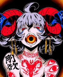  absurdres ahoge arm_tattoo black_hole chest_tattoo colored_eyelashes commentary_request curled_horns earrings eye_tattoo female grey_hair hair_between_eyes highres horizontal_pupils horns jewelry kanji_tattoo looking_at_viewer m87_black_hole meandros neck_tattoo nehitsuji_(syatihokoga) nude open_mouth pointy_ears rectangular_pupils red_eyes red_horns sharp_teeth sheep_horns short_hair shoulder_tattoo solo tattoo teeth touhou toutetsu_yuuma upper_body 