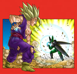  2boys aqua_eyes black_nails blonde_hair blood bruise cell_(dragon_ball) closed_mouth commentary dragon_ball dragon_ball_z energy fingernails highres injury kamehameha_(dragon_ball) legs_apart male_focus multiple_boys muscular muscular_male open_mouth perfect_cell pink_eyes sash scrape scraped_knee shoes smile smoke son_gohan spiked_hair studio_viga super_saiyan super_saiyan_2 teeth torn_clothes 