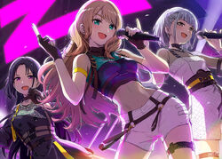  3girls ayano_yuu_(sonma_1426) black_hair blonde_hair crop_top earrings fran_(idoly_pride) green_eyes grey_hair hair_ornament highres holding holding_microphone idol idoly_pride iiix_(idoly_pride) jewelry kana_(idoly_pride) long_hair looking_at_viewer microphone miho_(idoly_pride) multiple_girls music open_mouth pink_eyes purple_eyes singing smile standing strap 