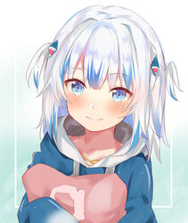  absurdres blue_eyes blue_hoodie blush female gawr_gura gawr_gura_(1st_costume) gradient_background gradient_sleeves grey_hair hair_ornament highres hololive hololive_english hood hoodie hugging_object long_sleeves looking_at_viewer medium_hair multicolored_hair nono_i831 pillow pillow_hug smile solo streaked_hair two_side_up unworn_headwear upper_body virtual_youtuber 