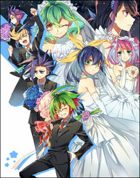  4boys 4girls black_hair blue_eyes blue_flower blue_hair bouquet brown_eyes clenched_hand dress dyed_bangs elbow_gloves flower formal gloves green_eyes green_hair hair_between_eyes hair_ornament hair_ribbon hand_on_own_face hand_on_own_hip highres hiiragi_yuzu holding kurosaki_ruri looking_to_the_side modela_(baka_x_orange) multicolored_hair multiple_boys multiple_girls necktie one_eye_closed pink_flower pink_hair purple_flower ribbon rin_(yu-gi-oh!) sakaki_yuya serena_(yu-gi-oh!) smile spiked_hair star_(symbol) starry_background suit two-tone_hair veil wedding_dress yellow_eyes yu-gi-oh! yu-gi-oh!_arc-v yuugo_(yu-gi-oh!) yuuri_(yu-gi-oh!) yuuto_(yu-gi-oh!) 