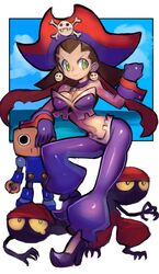  bandana bare_shoulders breasts brown_hair cleavage commentary cosplay dakusuta earrings female gloves green_eyes hair_pulled_back hat highres jewelry large_breasts mega_man_(series) mega_man_legends_(series) navel pants pirate_hat purple_hair risky_boots risky_boots_(cosplay) servbot_(mega_man) shantae_(series) skull_earrings smile tinkerbat trait_connection tron_bonne_(mega_man) 